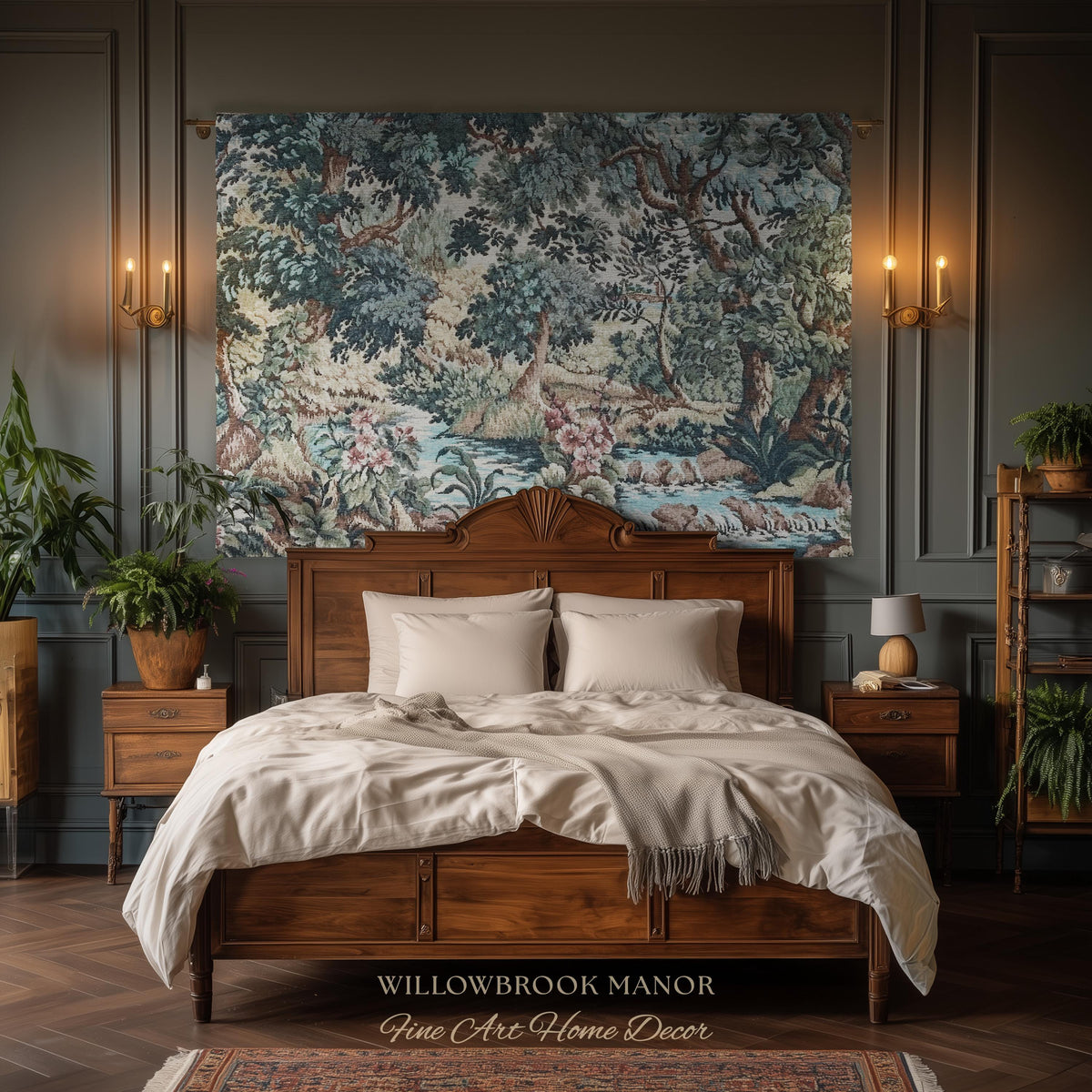 Teal Blue Babbling Brook Floral Verdure Tapestry | Historic Textile 18th Century Woven Artwork Baroque Forest River Throw Blanket Old World