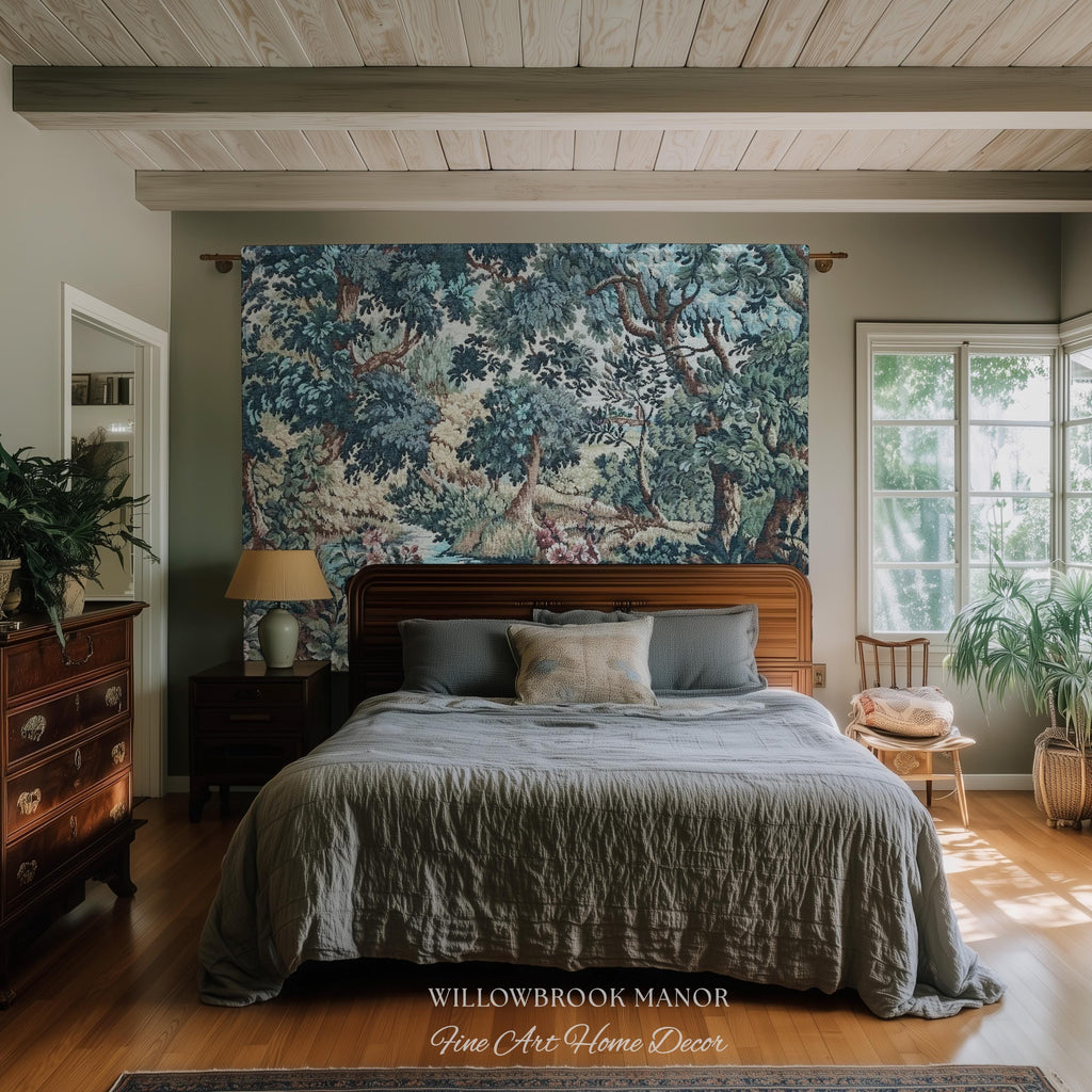 Teal Blue Babbling Brook Floral Verdure Tapestry | Historic Textile 18th Century Woven Artwork Baroque Forest River Throw Blanket Old World