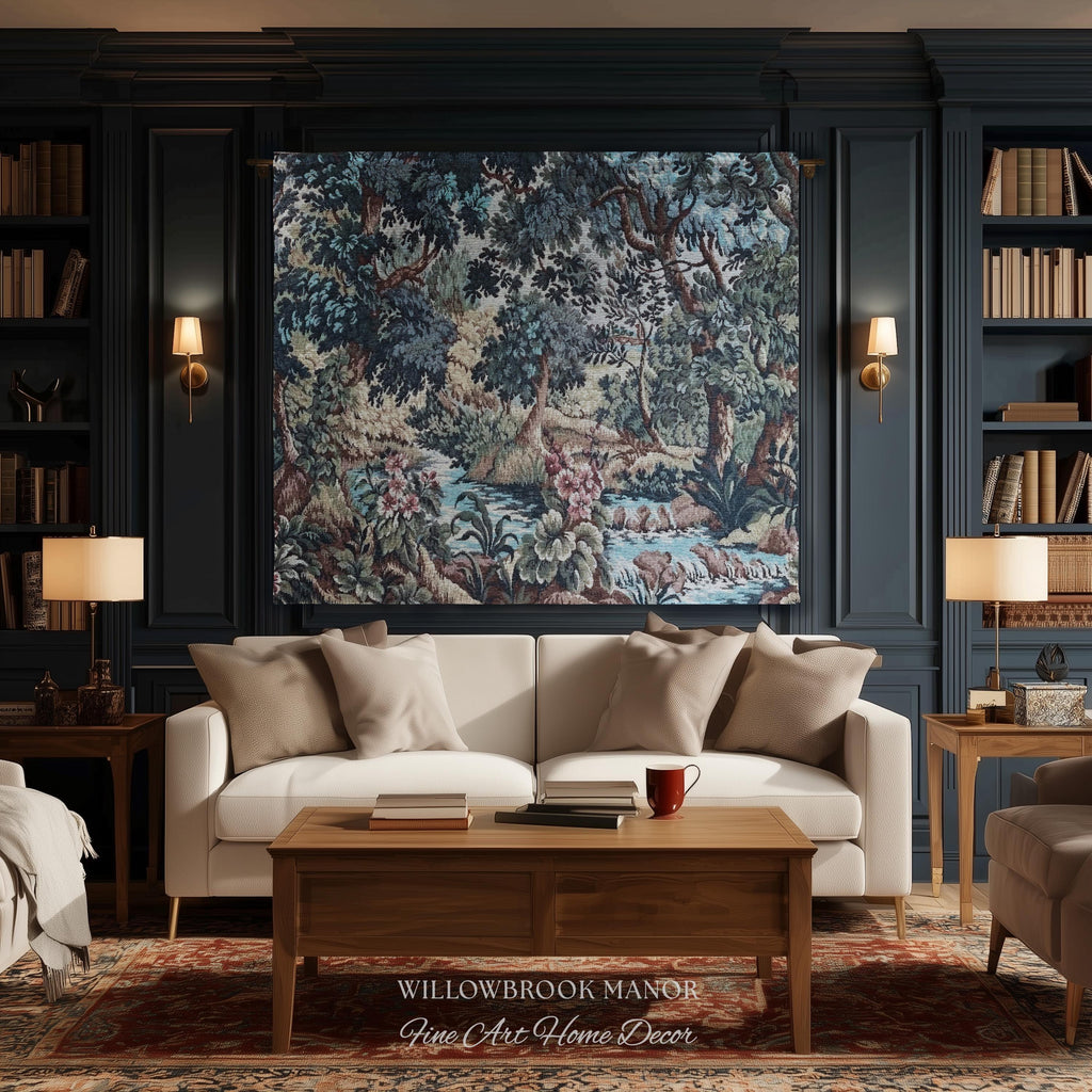 Teal Blue Babbling Brook Floral Verdure Tapestry | Historic Textile 18th Century Woven Artwork Baroque Forest River Throw Blanket Old World