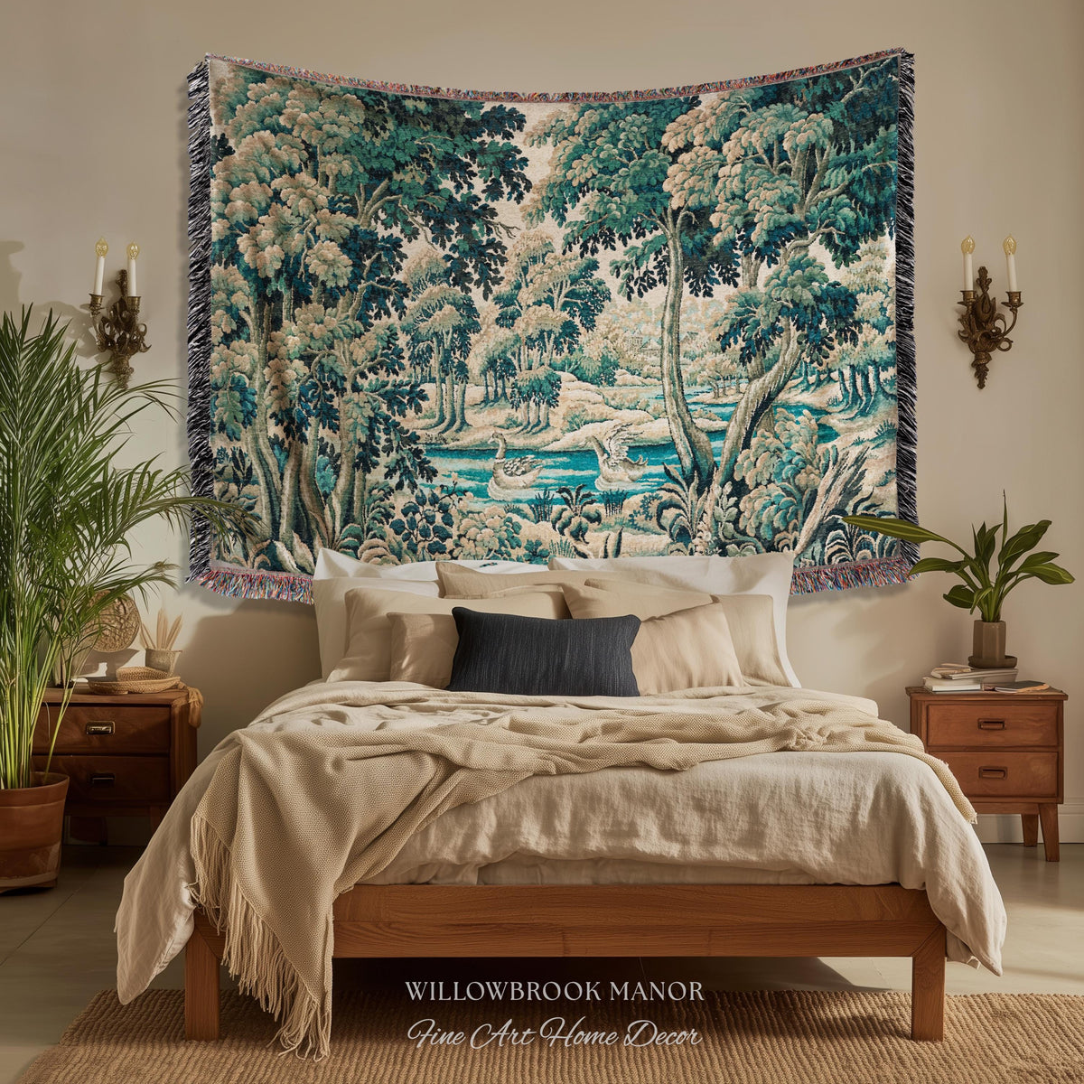 River Scene Duck Verdure Wall Tapestry, European Folk Art Rococo Greenery Romantic Nature Cool Toned Jacquard Woven French Cottagecore Decor