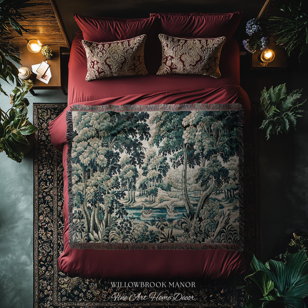 River Scene Duck Verdure Wall Tapestry, European Folk Art Rococo Greenery Romantic Nature Cool Toned Jacquard Woven French Cottagecore Decor