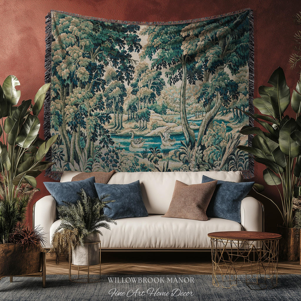 River Scene Duck Verdure Wall Tapestry, European Folk Art Rococo Greenery Romantic Nature Cool Toned Jacquard Woven French Cottagecore Decor