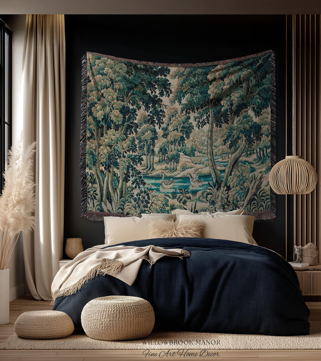 River Scene Duck Verdure Wall Tapestry, European Folk Art Rococo Greenery Romantic Nature Cool Toned Jacquard Woven French Cottagecore Decor