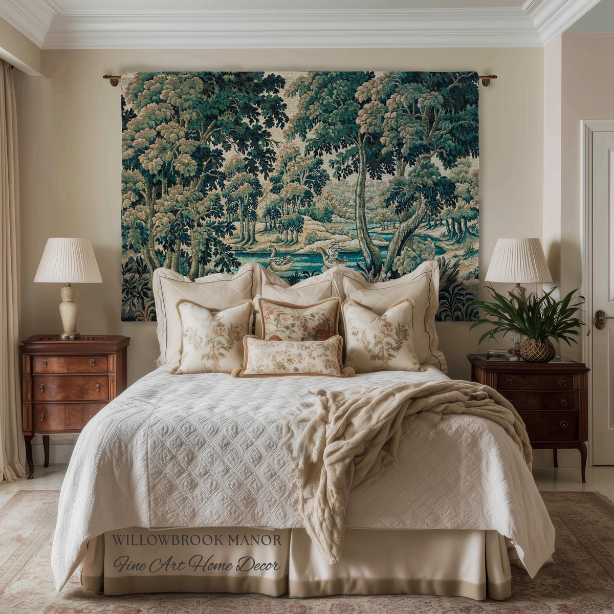 River Scene Duck Verdure Wall Tapestry, European Folk Art Rococo Greenery Romantic Nature Cool Toned Jacquard Woven French Cottagecore Decor