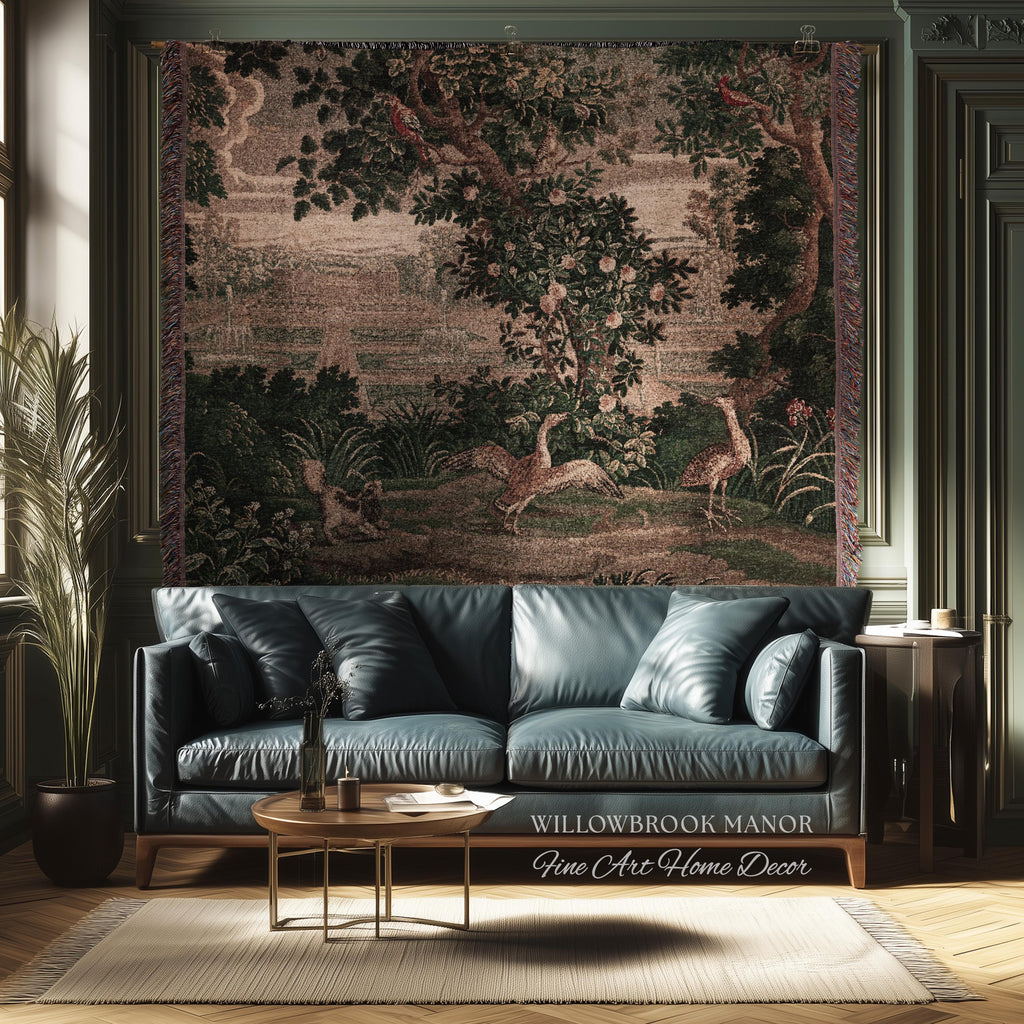 Garden Clearing Wildlife Garden Wall Textile, 17th Century Woven Tapestry Verdure Floral Folklore Throw Blanket French Aubusson Royal Estate