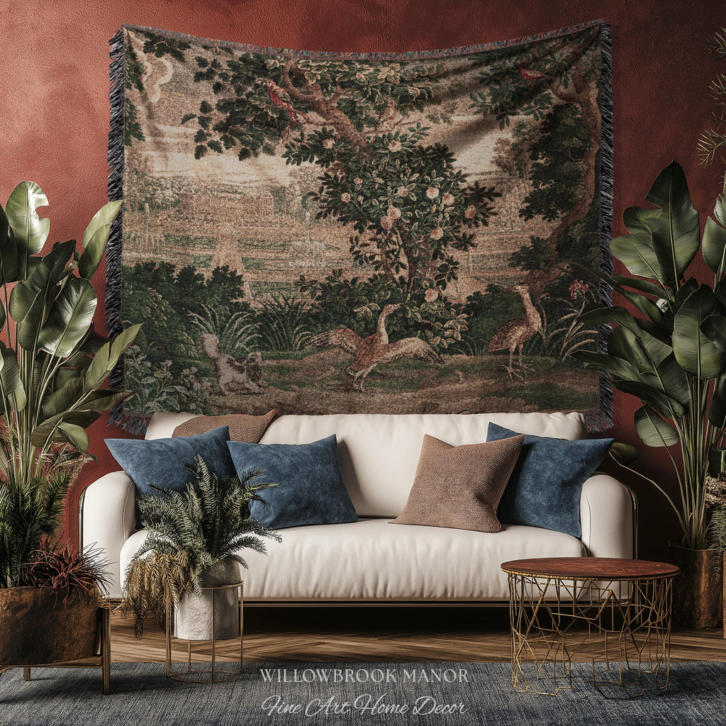 Garden Clearing Wildlife Garden Wall Textile, 17th Century Woven Tapestry Verdure Floral Folklore Throw Blanket French Aubusson Royal Estate