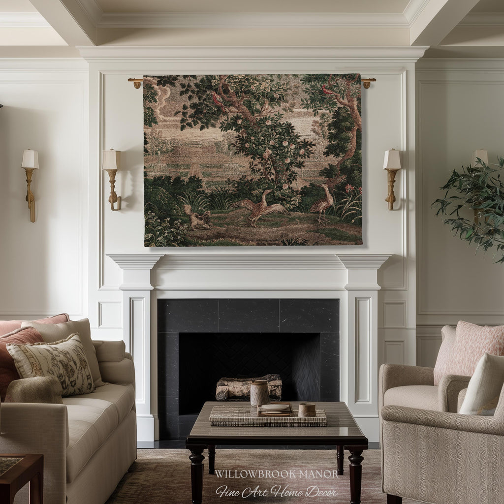 Garden Clearing Wildlife Garden Wall Textile, 17th Century Woven Tapestry Verdure Floral Folklore Throw Blanket French Aubusson Royal Estate