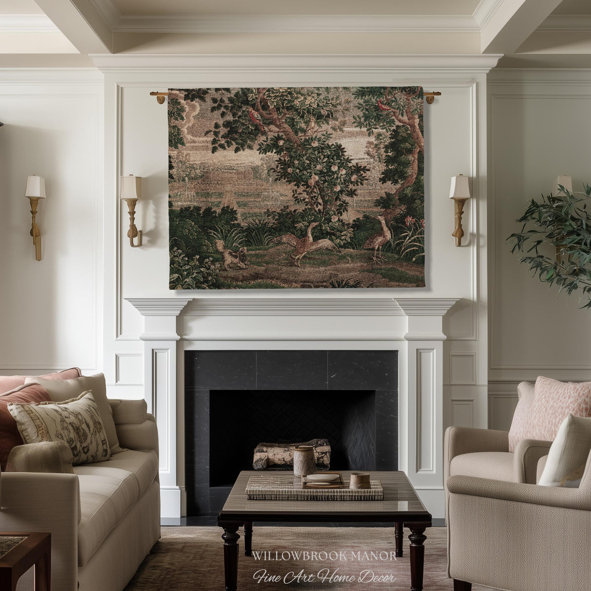 Garden Clearing Wildlife Garden Wall Textile, 17th Century Woven Tapestry Verdure Floral Folklore Throw Blanket French Aubusson Royal Estate