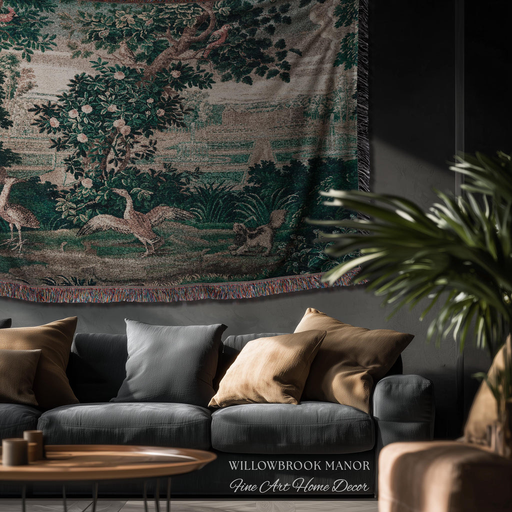 French Rococo Château Garden Verdure Tapestry Exotic Bird Spaniel Scene | 18th Century Historical Landscape Reproduction Woven Textile Decor