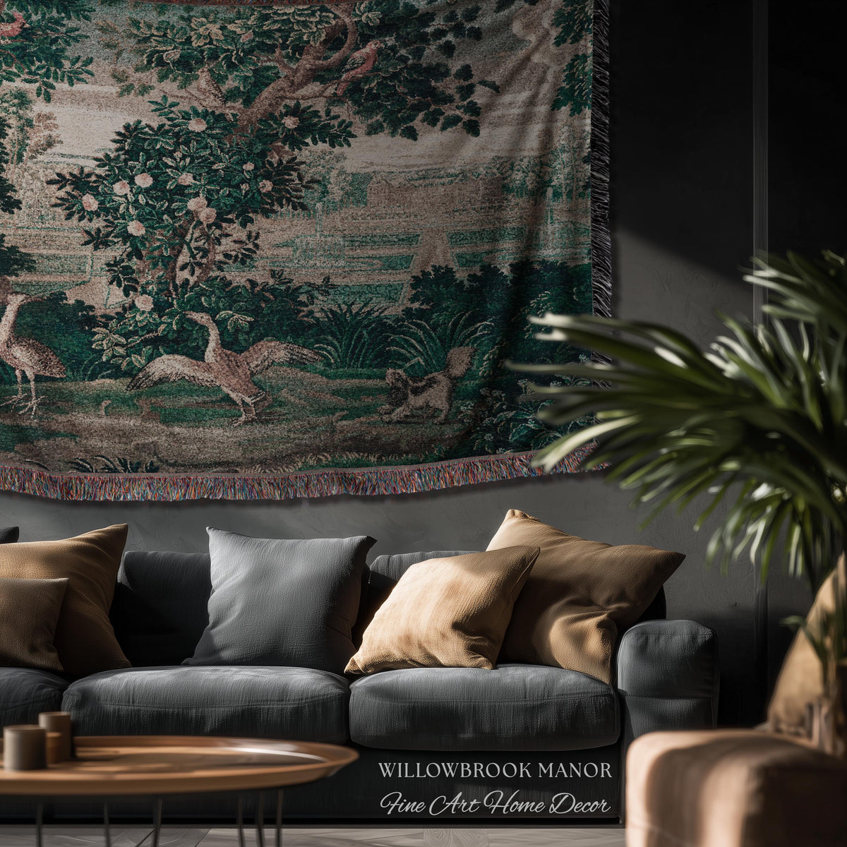 French Rococo Château Garden Verdure Tapestry Exotic Bird Spaniel Scene | 18th Century Historical Landscape Reproduction Woven Textile Decor