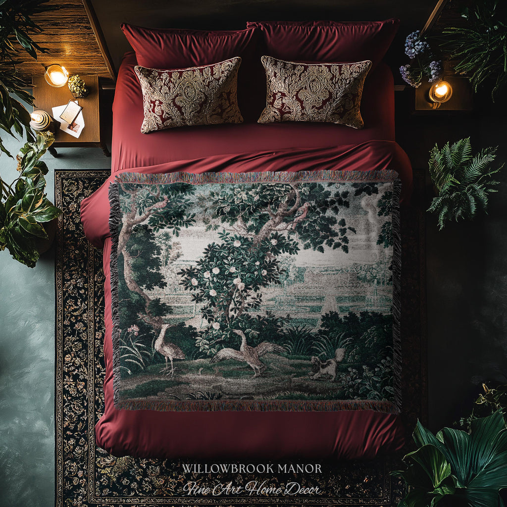 French Rococo Château Garden Verdure Tapestry Exotic Bird Spaniel Scene | 18th Century Historical Landscape Reproduction Woven Textile Decor