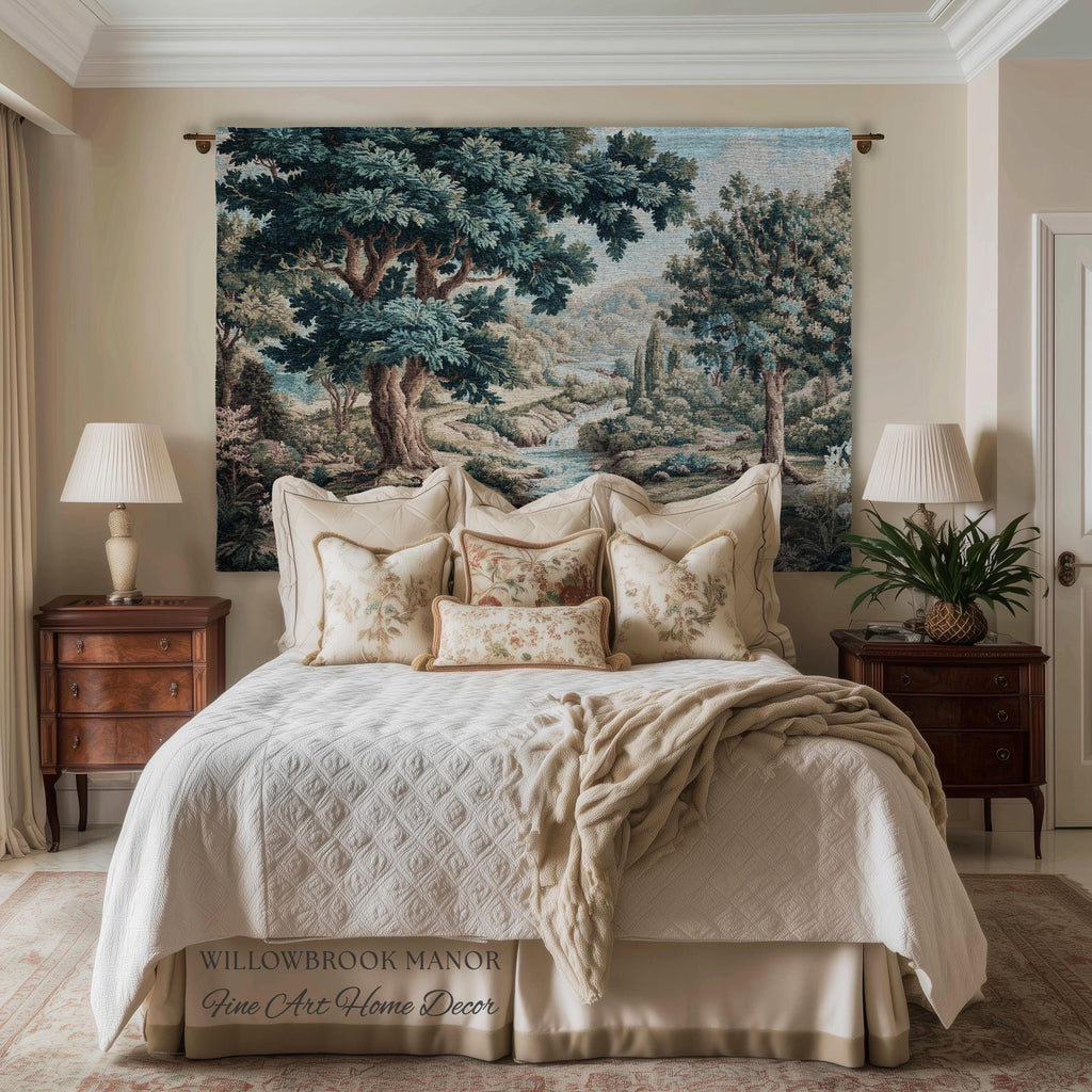 Woven Woodland Stream European Pastoral Verdure Tapestry Wall Art |Timeless Romantic Jacquard Weaving Throw Blanket Tranquil Countryside Art