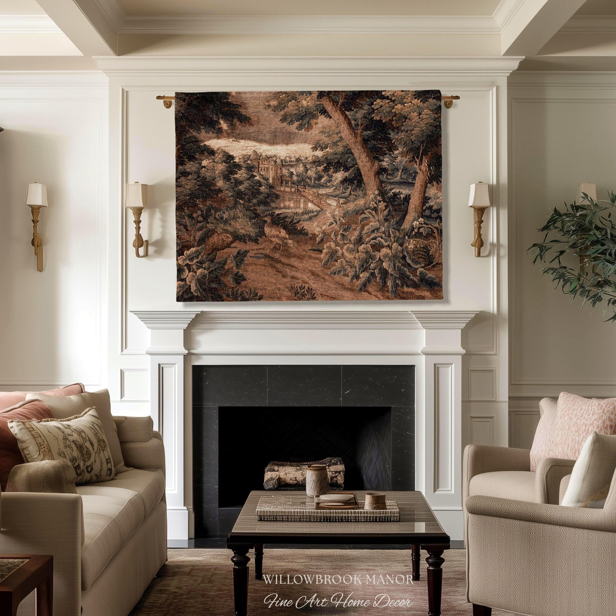 Burnt Umber Castle Landscape Tapestry Art Hanging, Golden Elegance Tranquil Room Accent Rococo English Cottage Woven Jacquard Luxury Textile