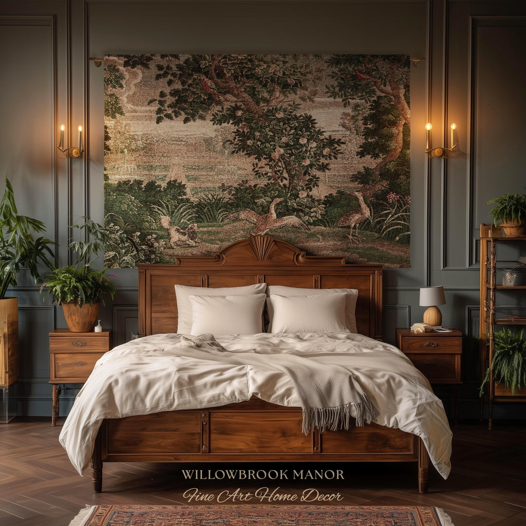 Garden Clearing Wildlife Garden Wall Textile, 17th Century Woven Tapestry Verdure Floral Folklore Throw Blanket French Aubusson Royal Estate