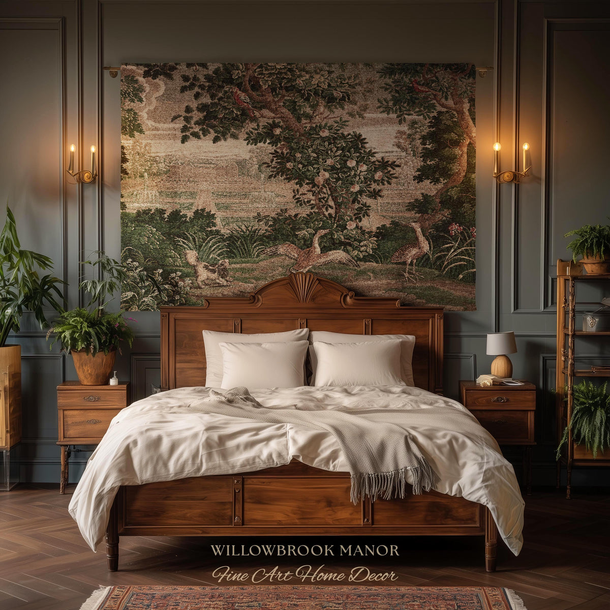 Garden Clearing Wildlife Garden Wall Textile, 17th Century Woven Tapestry Verdure Floral Folklore Throw Blanket French Aubusson Royal Estate