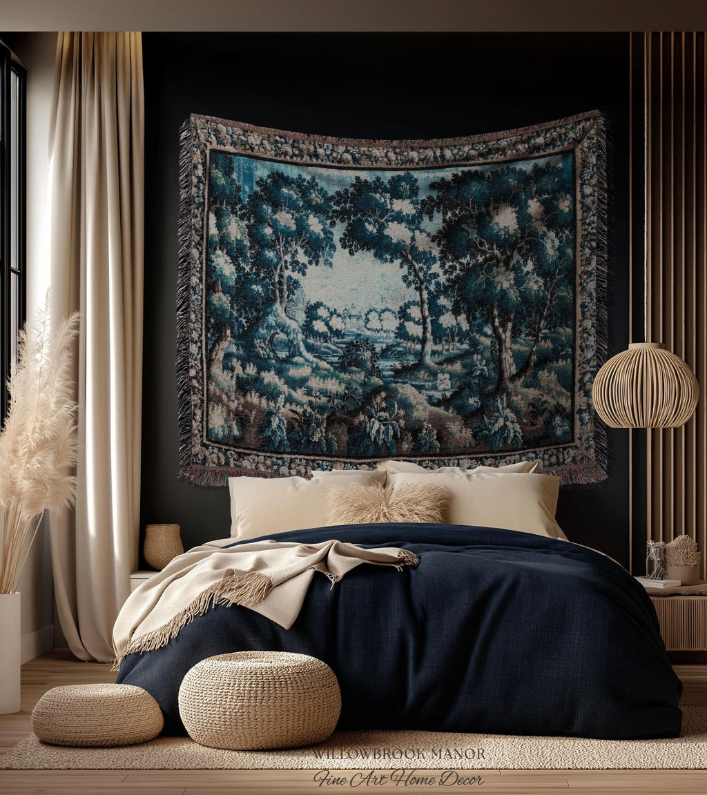 Timeless Chateau Style French Aubusson Tapestry Throw | Blue Vintage Indigo Landscape Woodland River Art Rustic Luxury Woven Blanket Decor