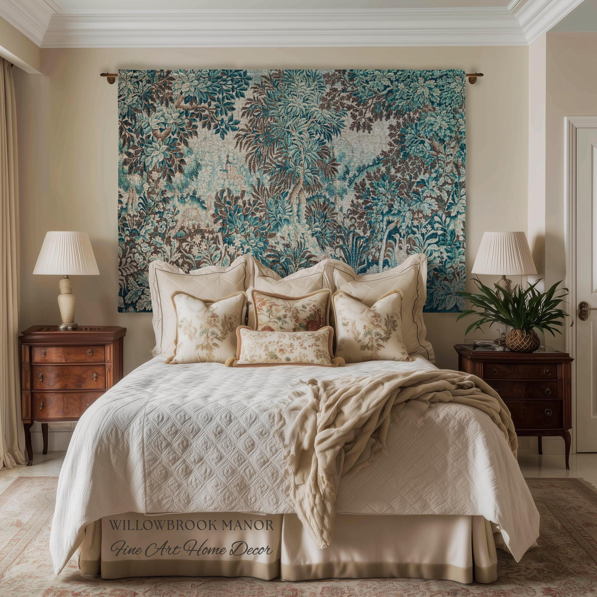 Ethereal Woodland Teal Blue French Tapestry Aubusson Chateau Style Textile Wall Decor | Tranquil Scene Vintage Verdure Forest Landscape Art