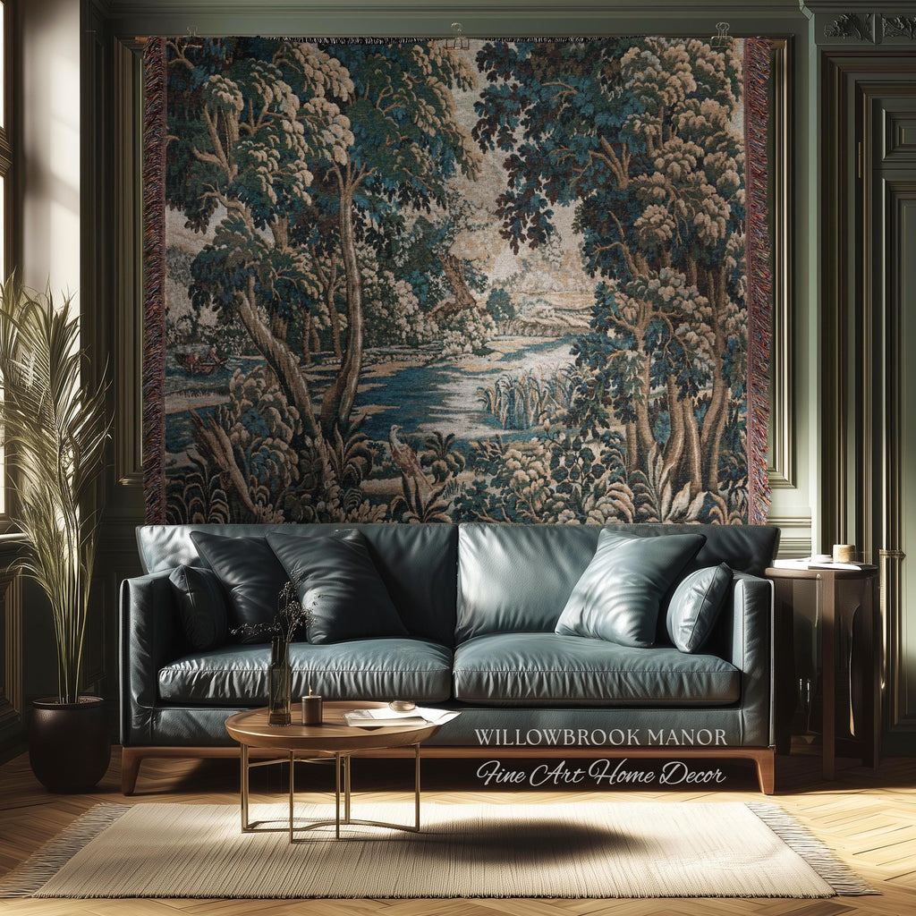 Baroque Pastoral Forest Riverbank Scene Flemish Tapestry Woven Verdure | European Village Antique Textile Heritage Art Countryside Blanket