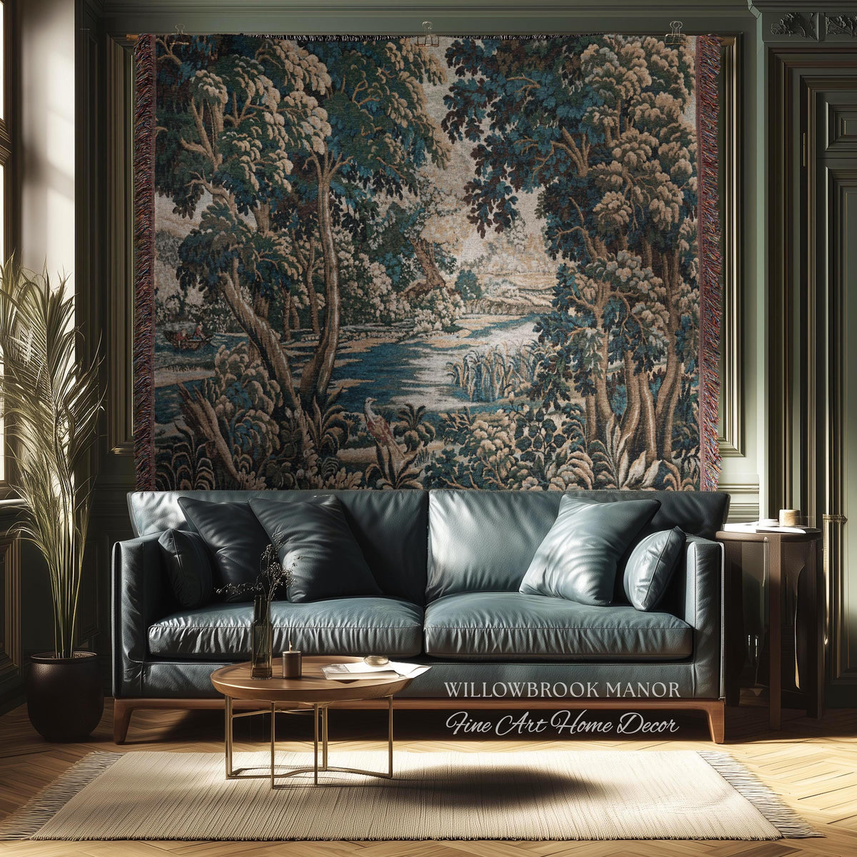 Baroque Pastoral Forest Riverbank Scene Flemish Tapestry Woven Verdure | European Village Antique Textile Heritage Art Countryside Blanket