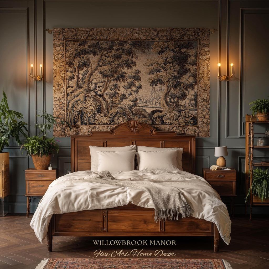 Classical Elegance Verdure Countryside Scenic Wall Hanging Jacquard Woven Throw | Old World Textile Ornate Pastoral Rustic Nostalgia Decor