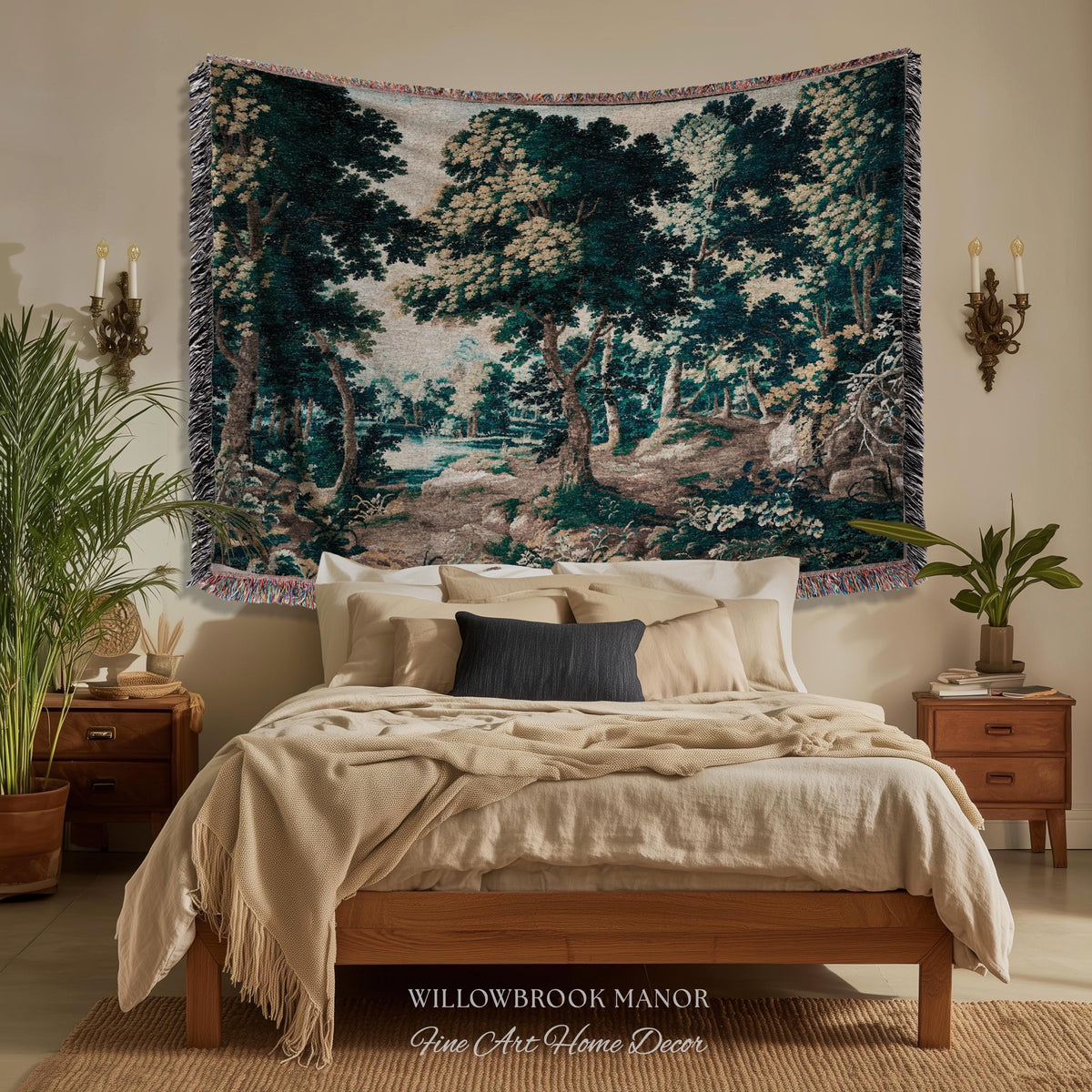 Antique Landscape Verdure Woven Woodland Scene European Tapestries | French Jacquard Heirloom Textile 17th Century Tapestry Classic Wall Art