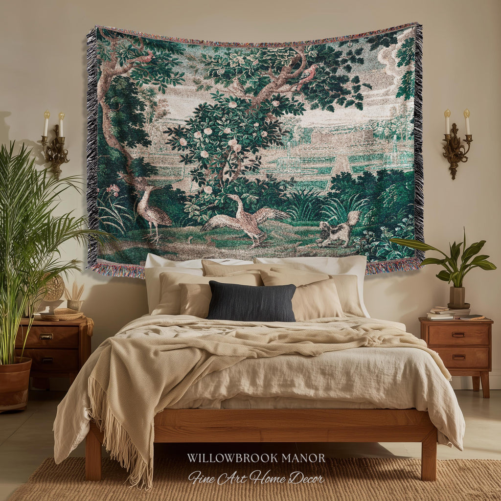 French Rococo Château Garden Verdure Tapestry Exotic Bird Spaniel Scene | 18th Century Historical Landscape Reproduction Woven Textile Decor
