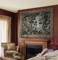 Historical Woodland Waterway Verdure Tapestry Heritage Weaving Scenic Village Vista | Old World Hilltop Castle Landscape Woven Wall Hanging