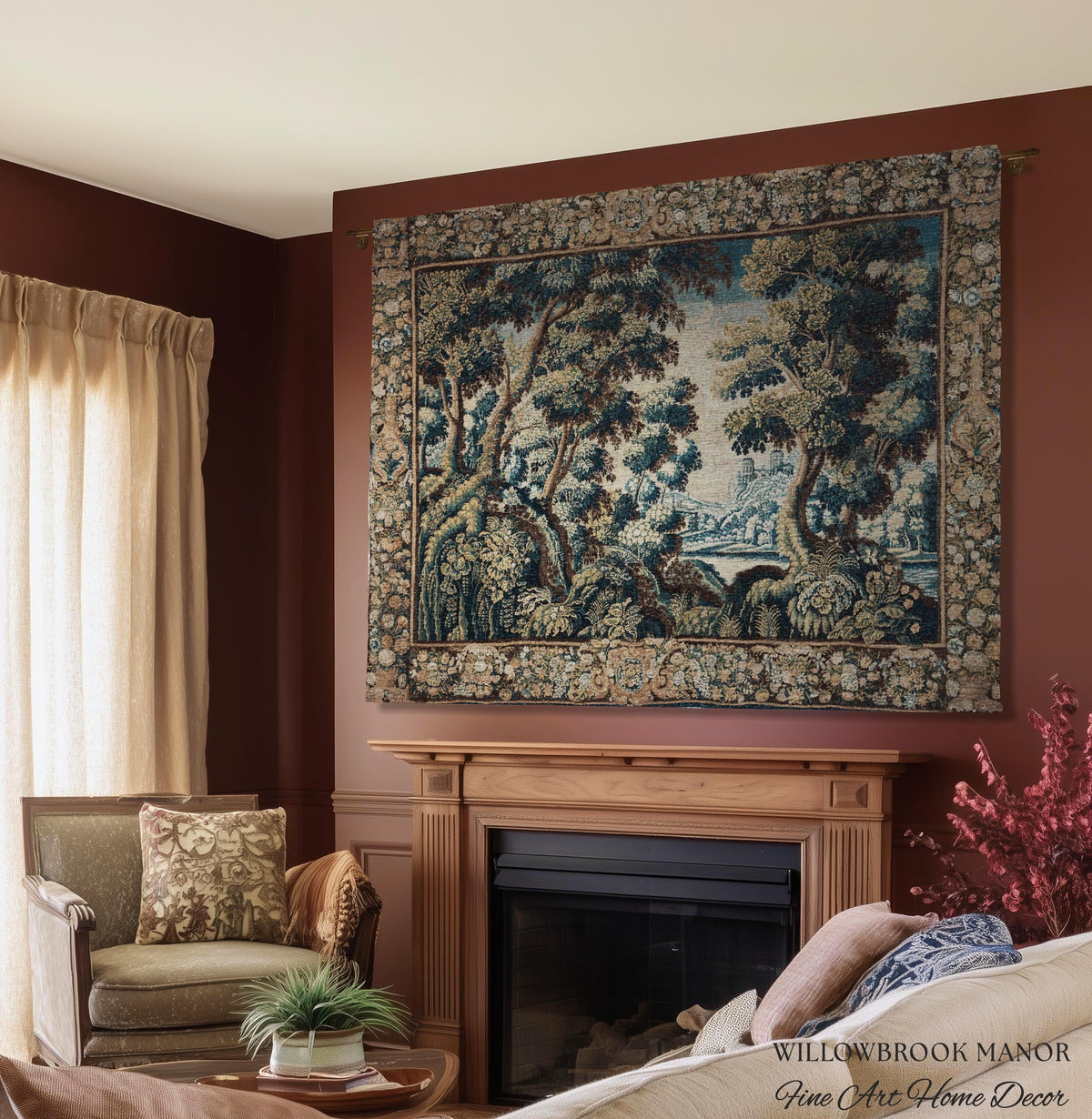 Historical Woodland Waterway Verdure Tapestry Heritage Weaving Scenic Village Vista | Old World Hilltop Castle Landscape Woven Wall Hanging