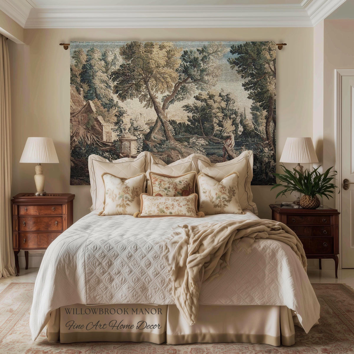 Peaceful Landscape European Old World Aubusson Chinoiserie Textile Tapestry | Antique Farmhouse French Cottage Art Woven Lake Scene Decor