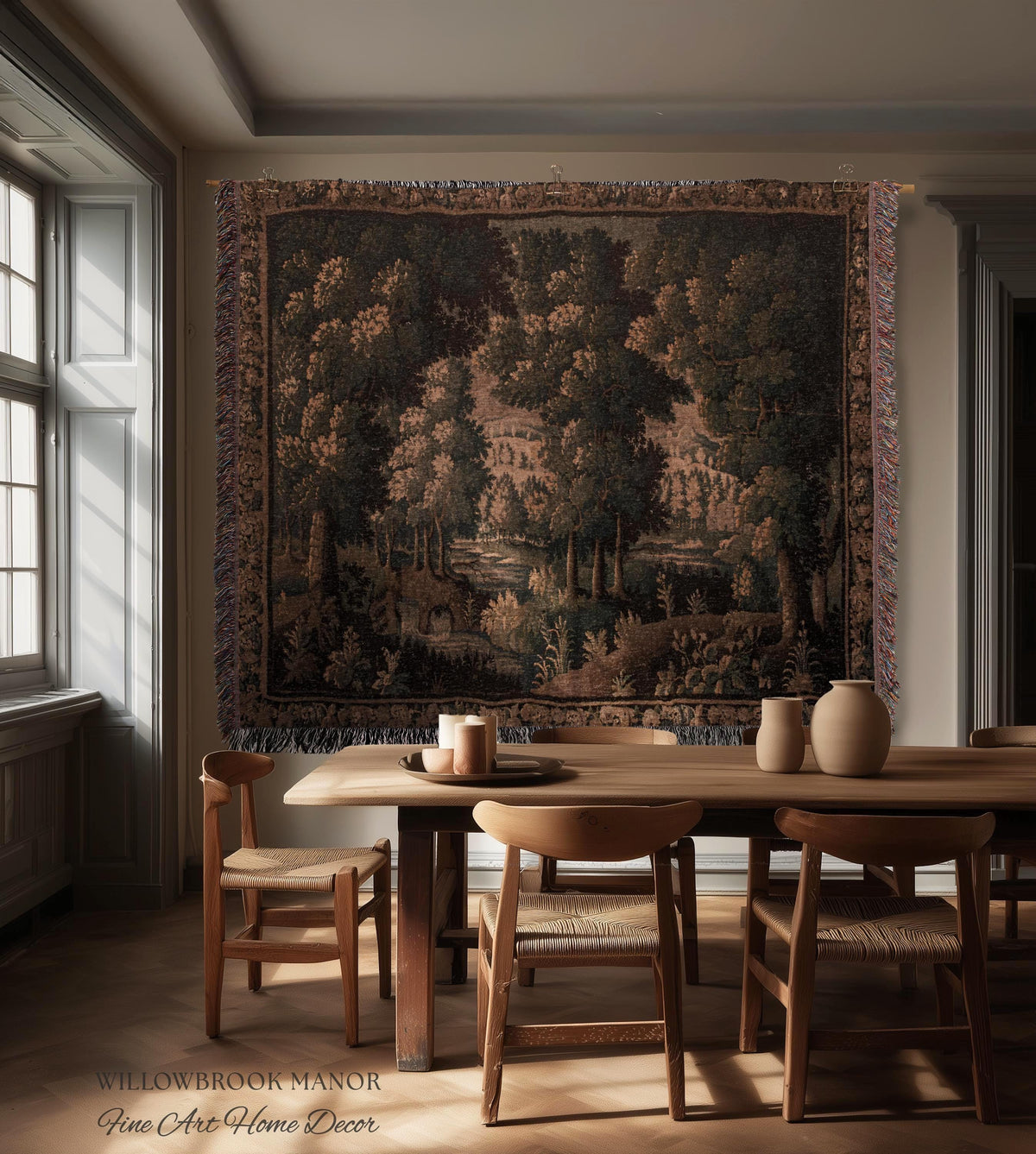 Rural Landscape French Jacquard Woven Throw Warm Earth Tone Verdure Blanket, Traditional Historic Forest Scene Textile Rustic Antique Decor