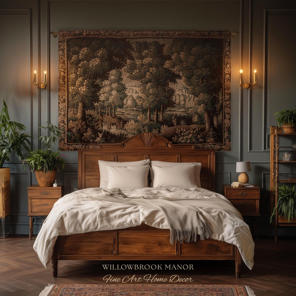 Rural Landscape French Jacquard Woven Throw Warm Earth Tone Verdure Blanket, Traditional Historic Forest Scene Textile Rustic Antique Decor