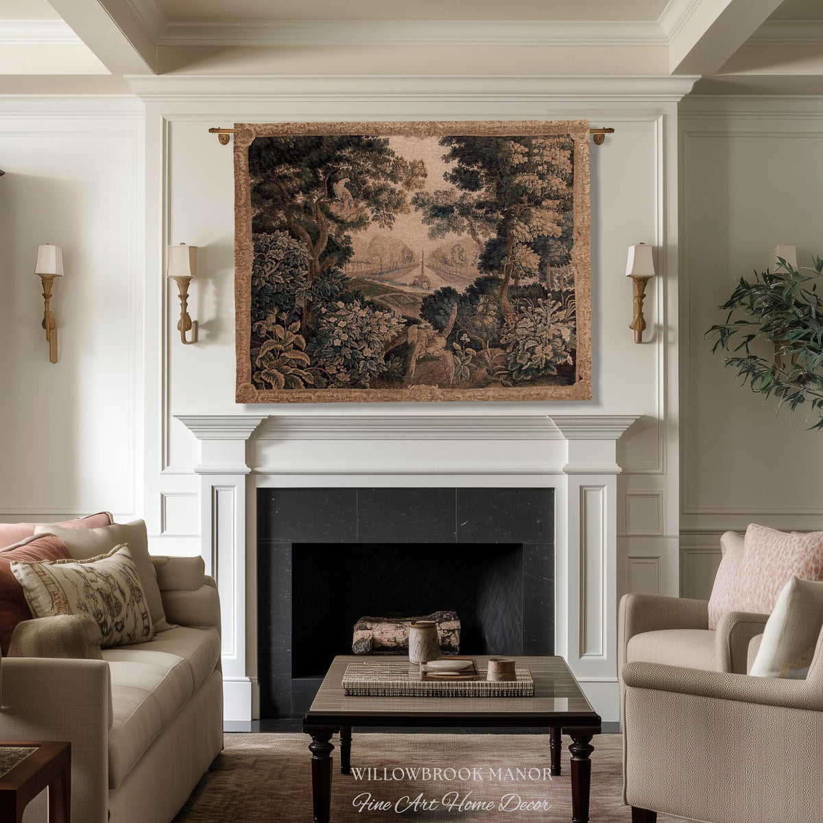 Elegant Rustic Rococo Old World Botanical Forest Tapestry Woven Woodland Scene Art | Heritage Pastoral Belgian Tapestry Classical Wall Decor