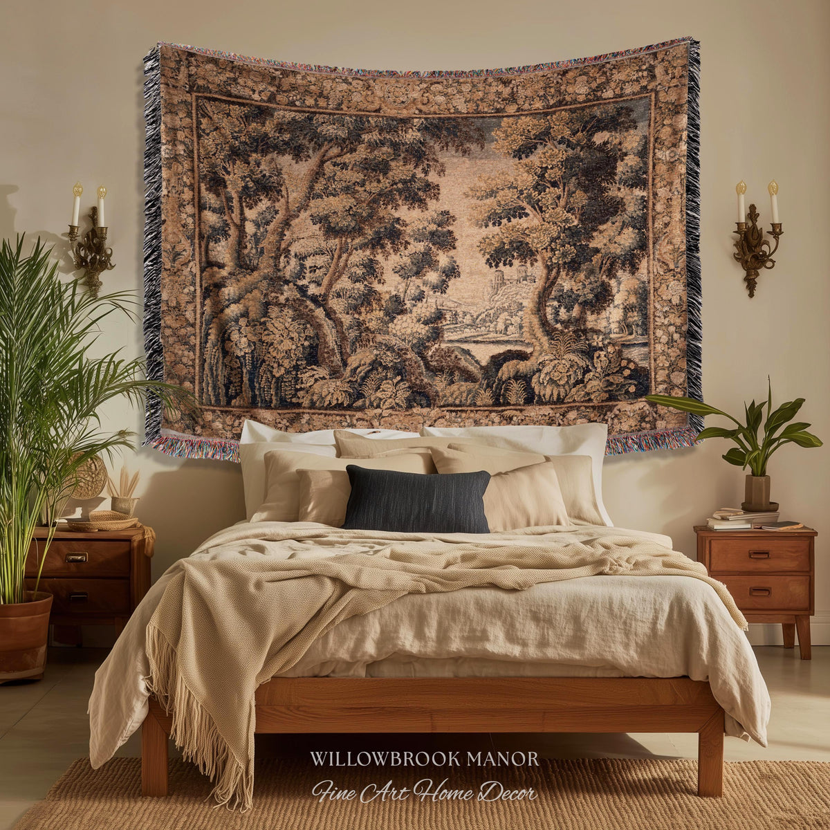 Classical Elegance Verdure Countryside Scenic Wall Hanging Jacquard Woven Throw | Old World Textile Ornate Pastoral Rustic Nostalgia Decor