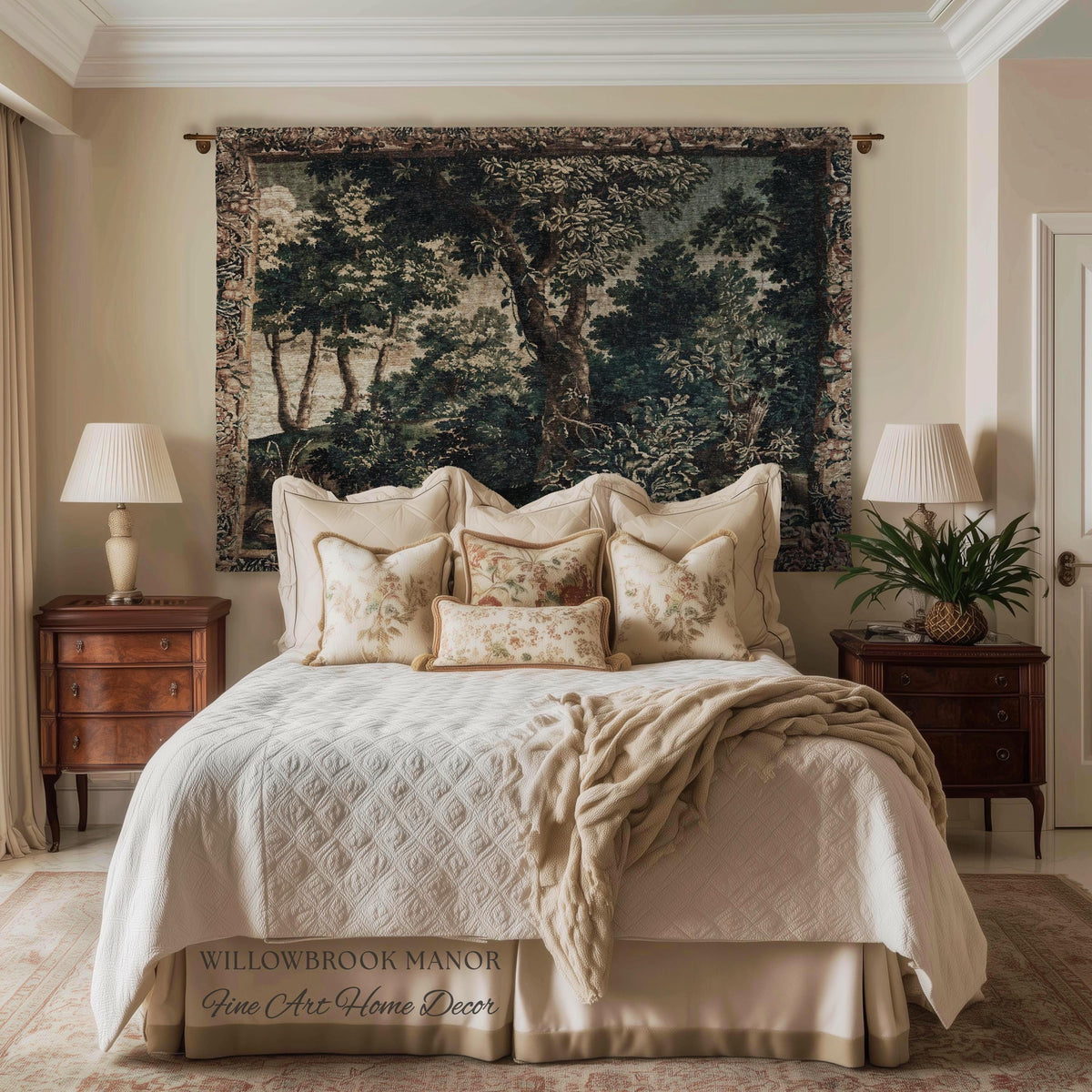 Enchanted Forest English Woodland Elegant Textile Art, Antique Cottage Style Decor Verdant Verdure Tapestry Woven Throw Nature Wall Hanging