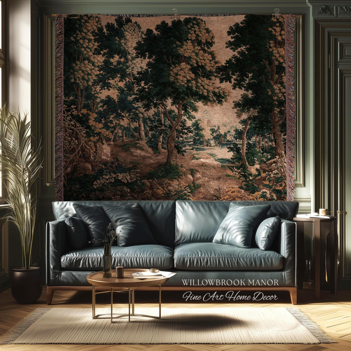 Woodland Forest Woven Blanket Wall Tapestry Decor | Antique French Textile Jacquard Tree Scene Art Traditional Greenery Pond Landscape Throw