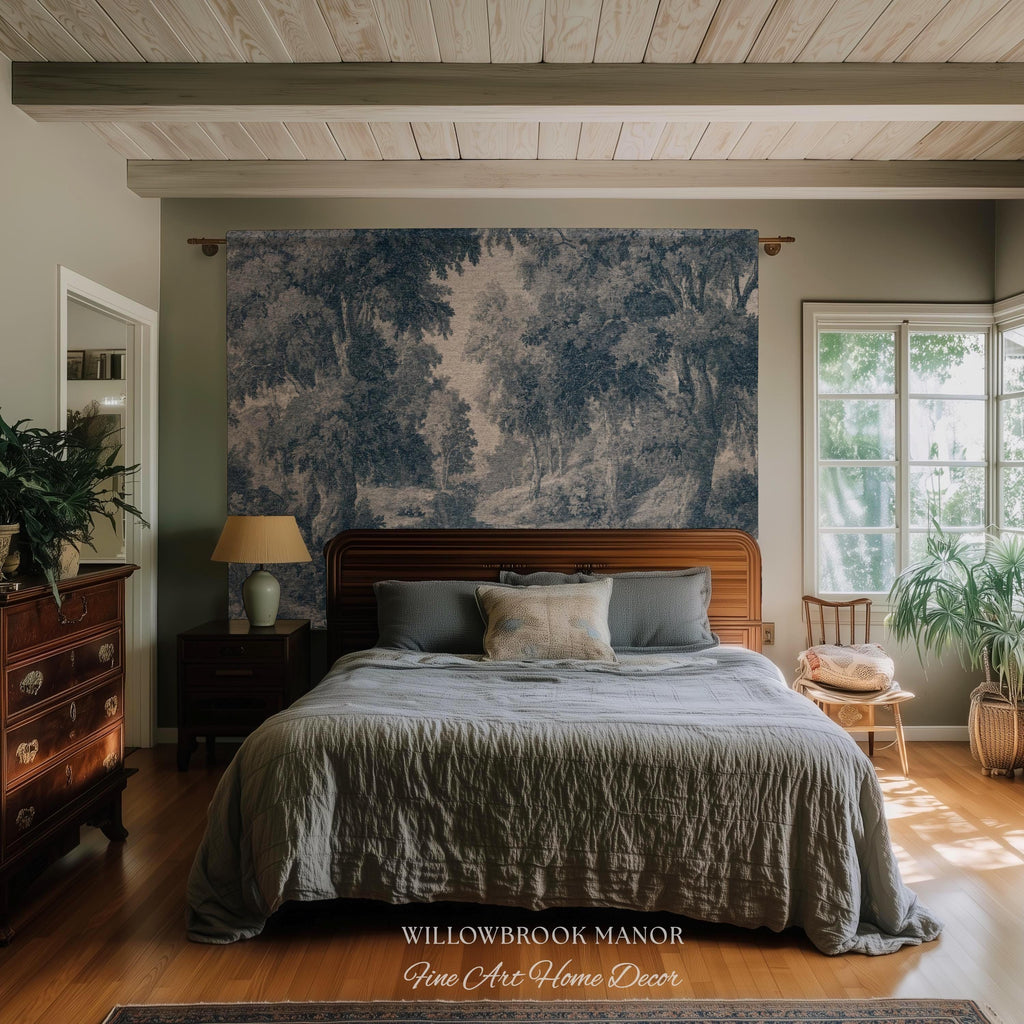 Toile Style Countryside Romantic Wall Art, Jacquard Woven Tapestry Monochrome Vintage Scenery Heritage Textile Smoky Blue Old World European