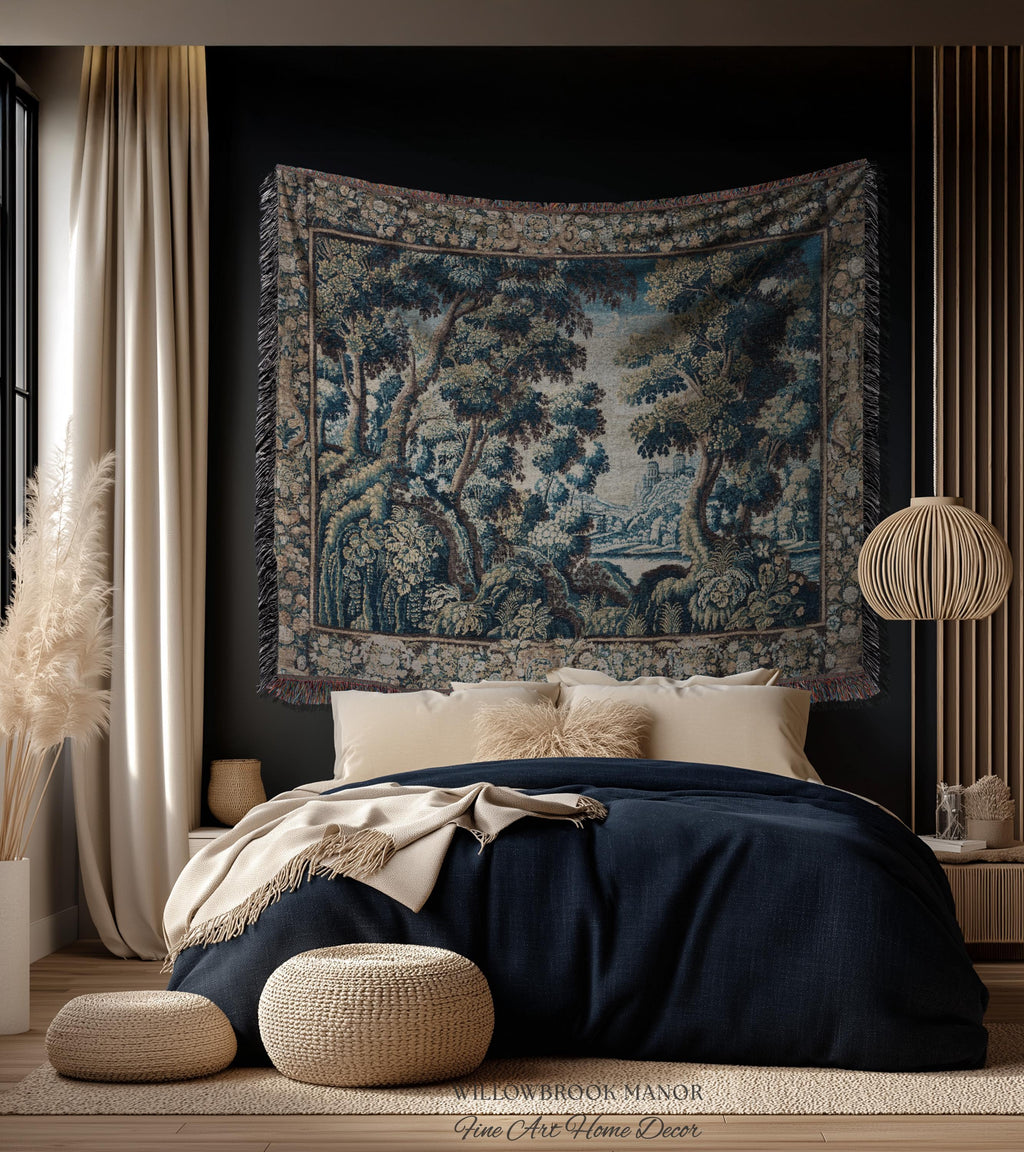 Historical Woodland Waterway Verdure Tapestry Heritage Weaving Scenic Village Vista | Old World Hilltop Castle Landscape Woven Wall Hanging