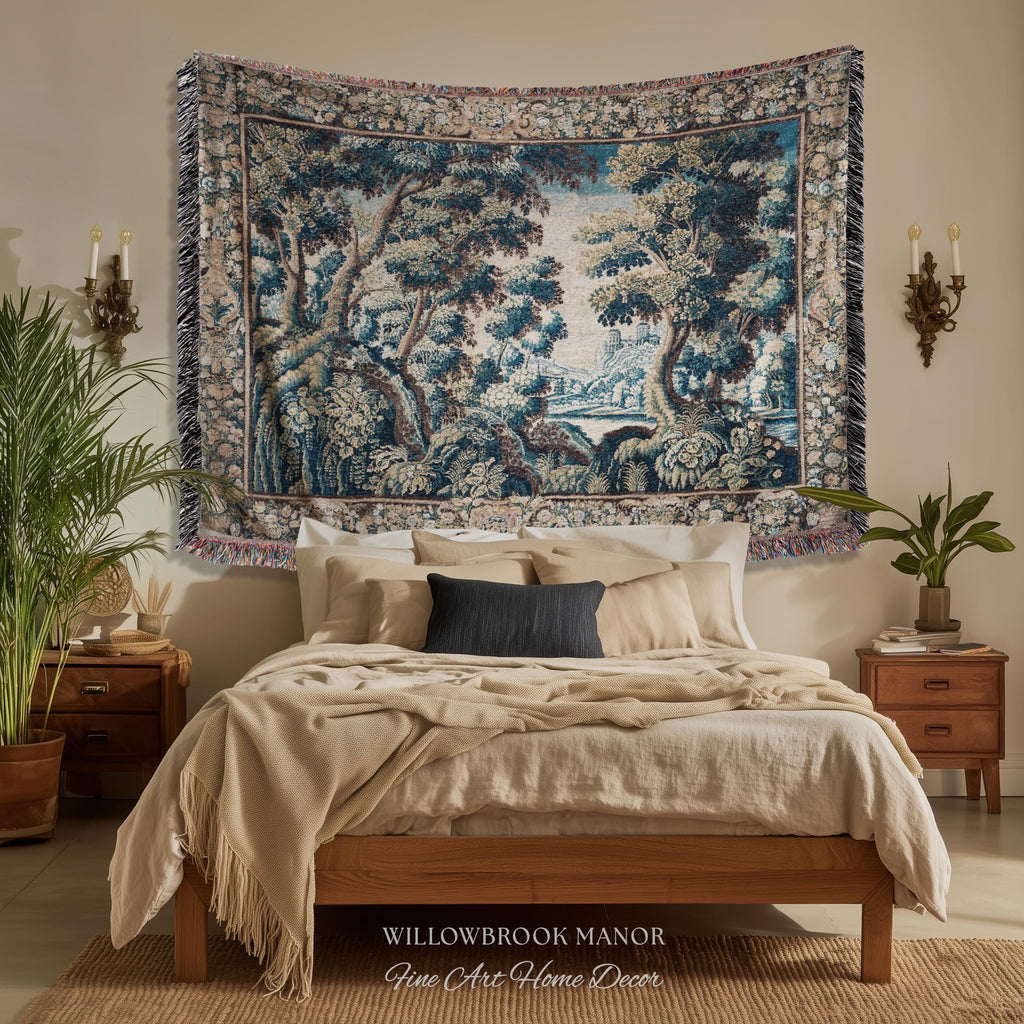 Historical Woodland Waterway Verdure Tapestry Heritage Weaving Scenic Village Vista | Old World Hilltop Castle Landscape Woven Wall Hanging