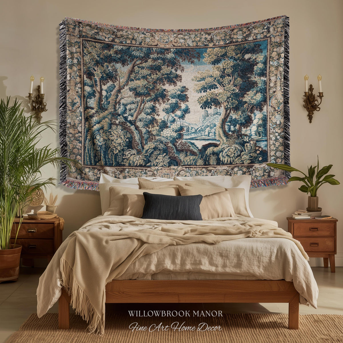 Historical Woodland Waterway Verdure Tapestry Heritage Weaving Scenic Village Vista | Old World Hilltop Castle Landscape Woven Wall Hanging