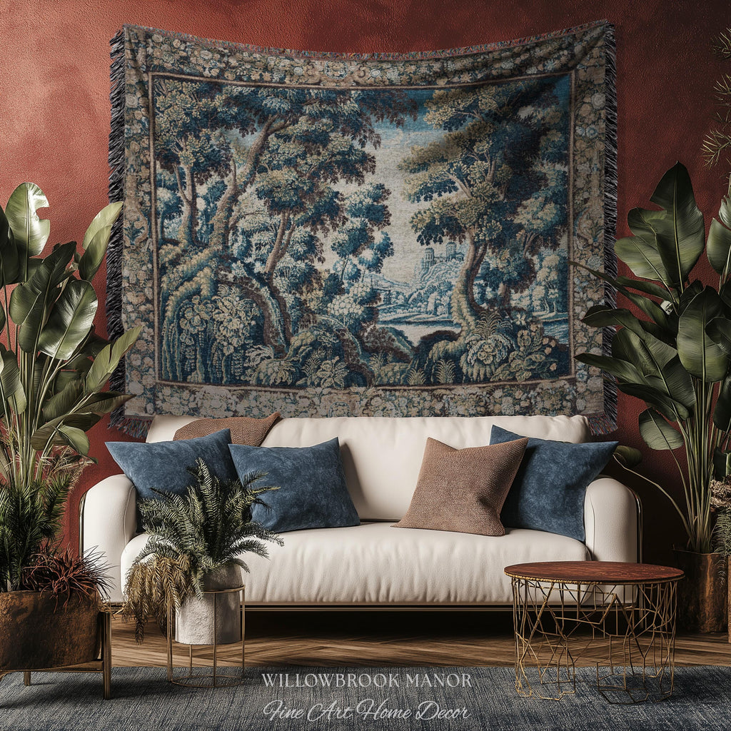 Historical Woodland Waterway Verdure Tapestry Heritage Weaving Scenic Village Vista | Old World Hilltop Castle Landscape Woven Wall Hanging