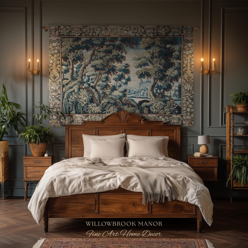 Historical Woodland Waterway Verdure Tapestry Heritage Weaving Scenic Village Vista | Old World Hilltop Castle Landscape Woven Wall Hanging