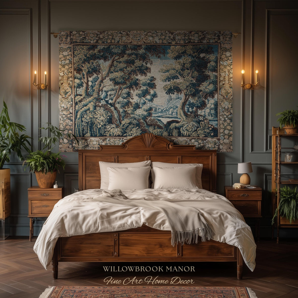Historical Woodland Waterway Verdure Tapestry Heritage Weaving Scenic Village Vista | Old World Hilltop Castle Landscape Woven Wall Hanging