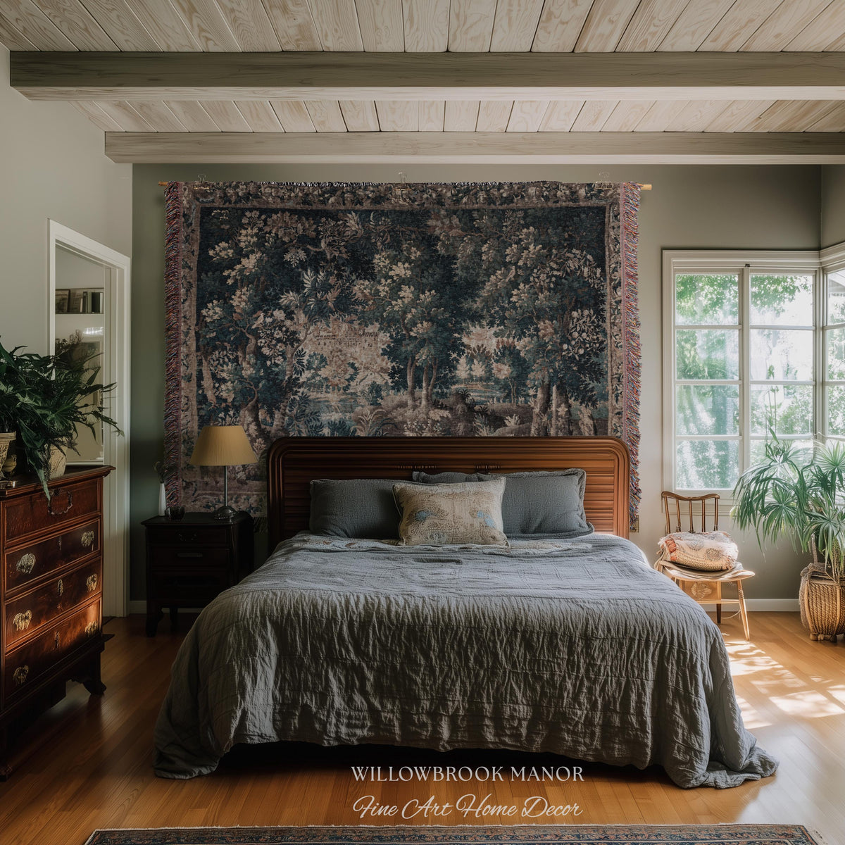 Misty Forest Clearing Elegant Wall Hanging | Pond Landscape Tapestry Dark Country Verdure Jacquard Woven Tree Cozy Castlecore Woodland Decor