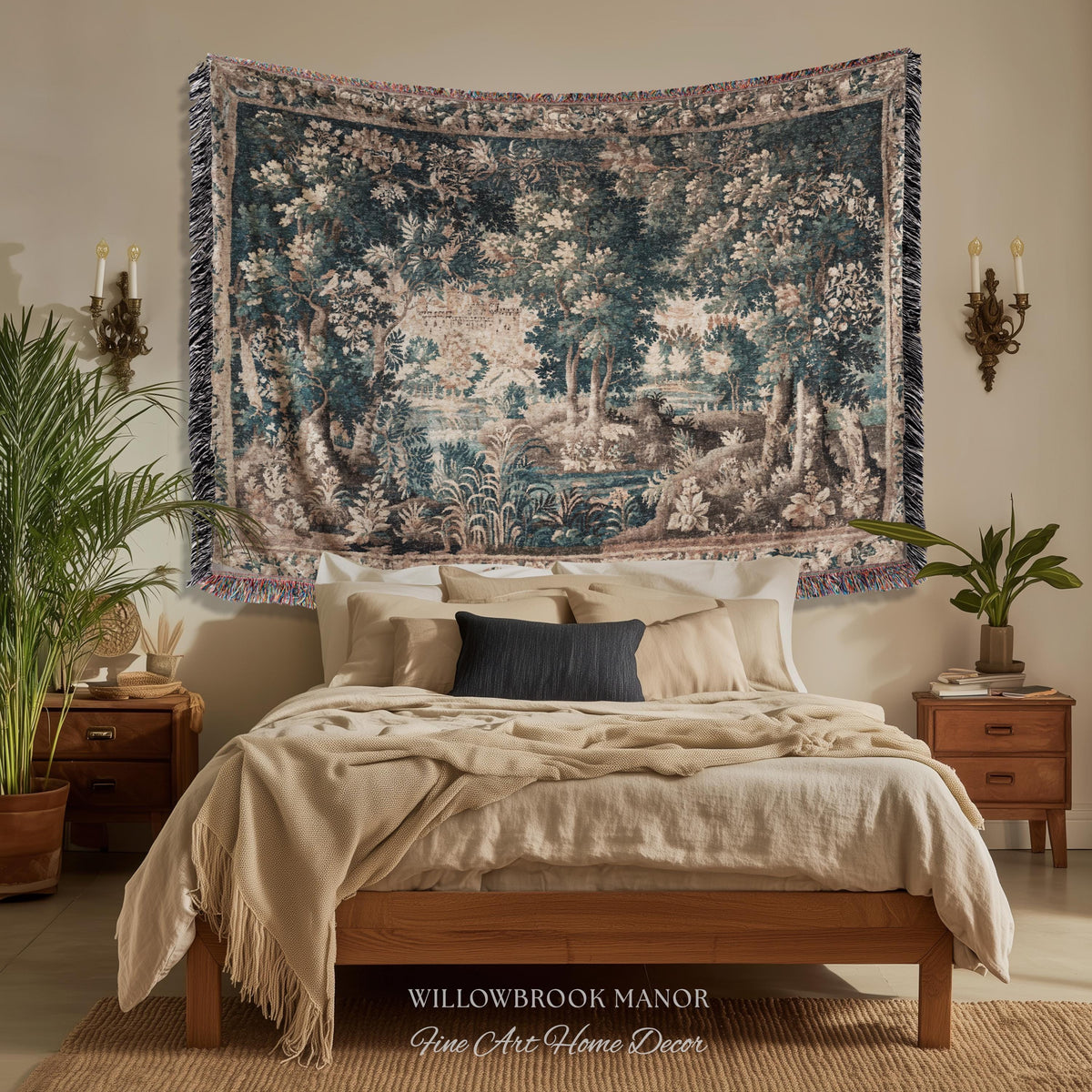 Misty Forest Clearing Elegant Wall Hanging | Pond Landscape Tapestry Dark Country Verdure Jacquard Woven Tree Cozy Castlecore Woodland Decor