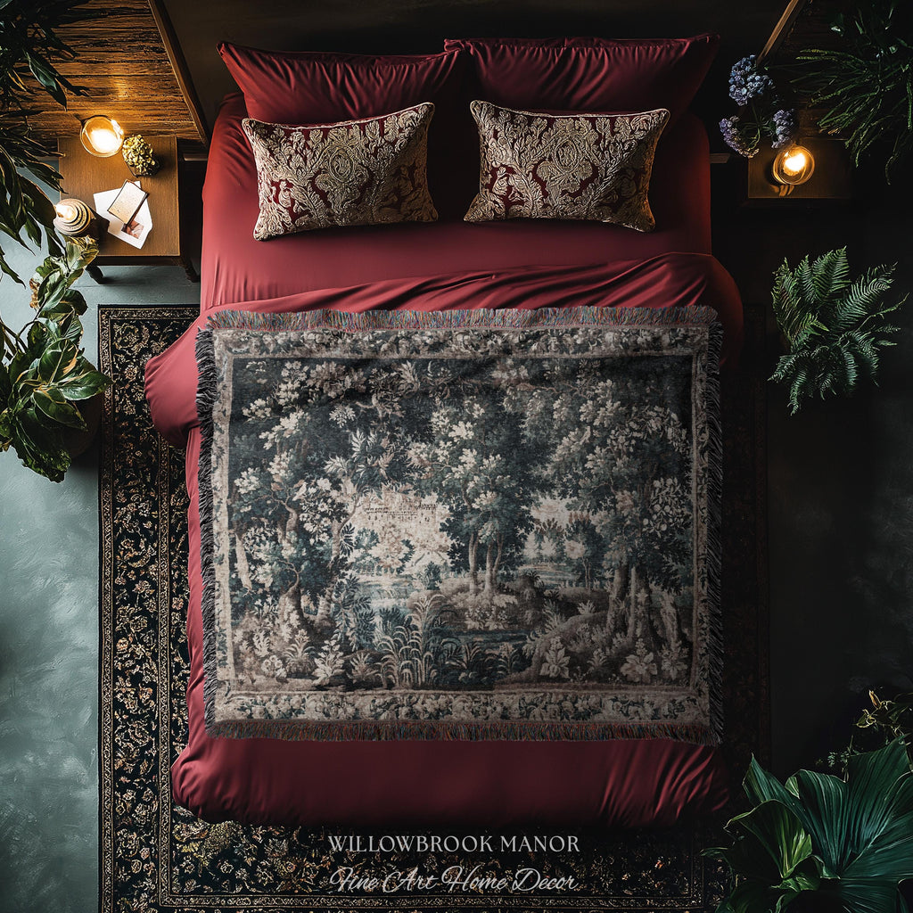 Misty Forest Clearing Elegant Wall Hanging | Pond Landscape Tapestry Dark Country Verdure Jacquard Woven Tree Cozy Castlecore Woodland Decor