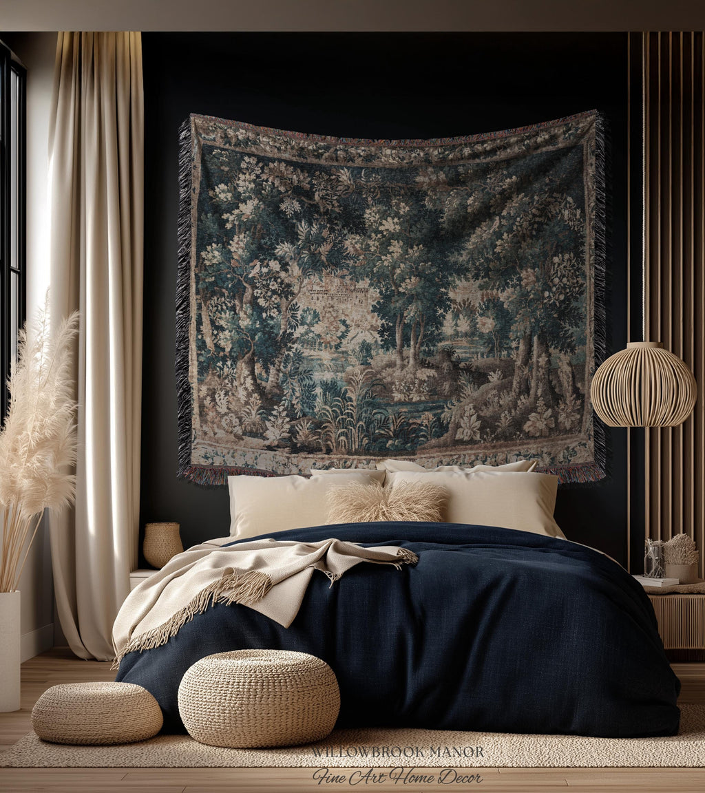 Misty Forest Clearing Elegant Wall Hanging | Pond Landscape Tapestry Dark Country Verdure Jacquard Woven Tree Cozy Castlecore Woodland Decor