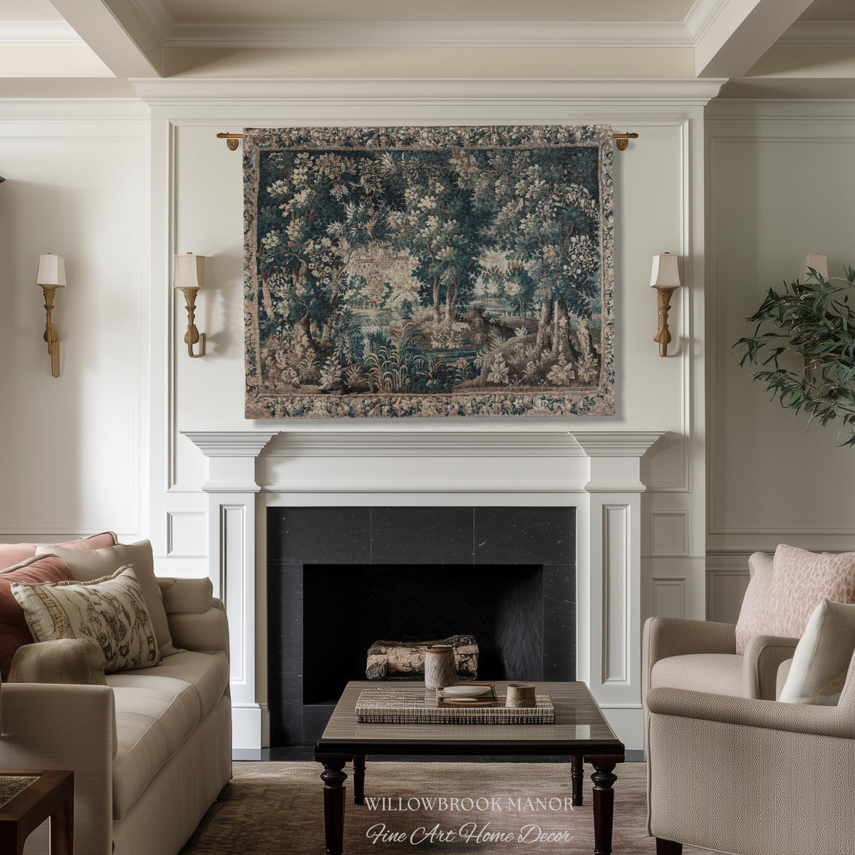 Misty Forest Clearing Elegant Wall Hanging | Pond Landscape Tapestry Dark Country Verdure Jacquard Woven Tree Cozy Castlecore Woodland Decor