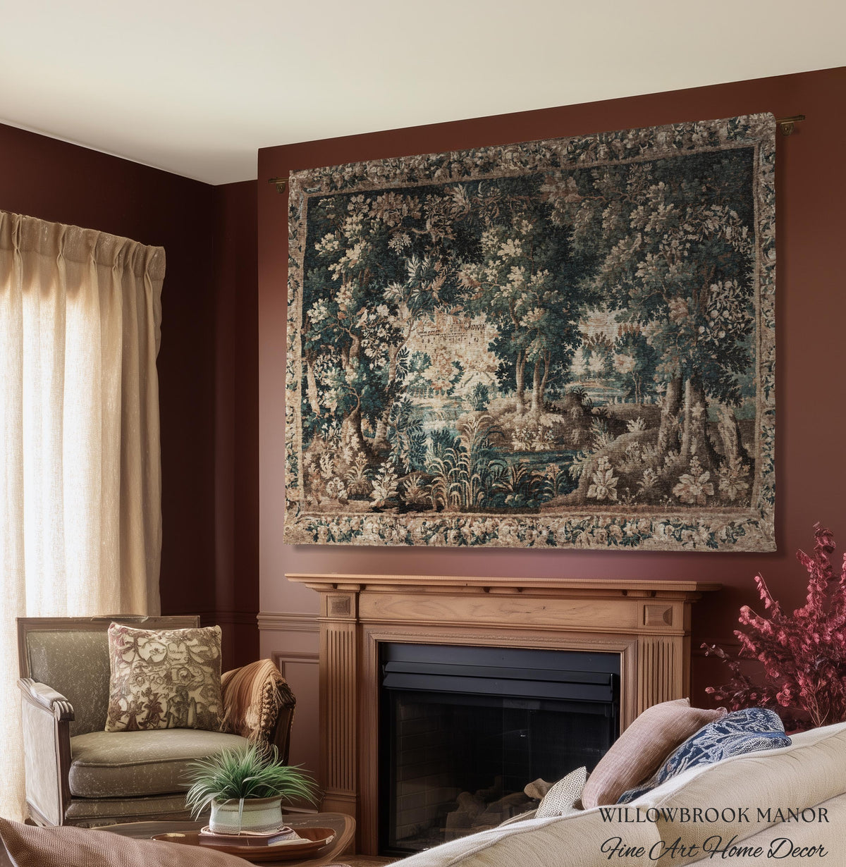 Misty Forest Clearing Elegant Wall Hanging | Pond Landscape Tapestry Dark Country Verdure Jacquard Woven Tree Cozy Castlecore Woodland Decor