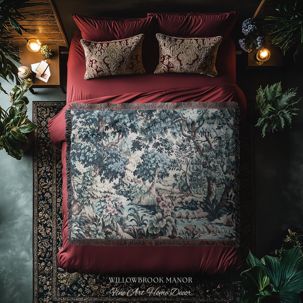 Teal Blue Babbling Brook Floral Verdure Tapestry | Historic Textile 18th Century Woven Artwork Baroque Forest River Throw Blanket Old World