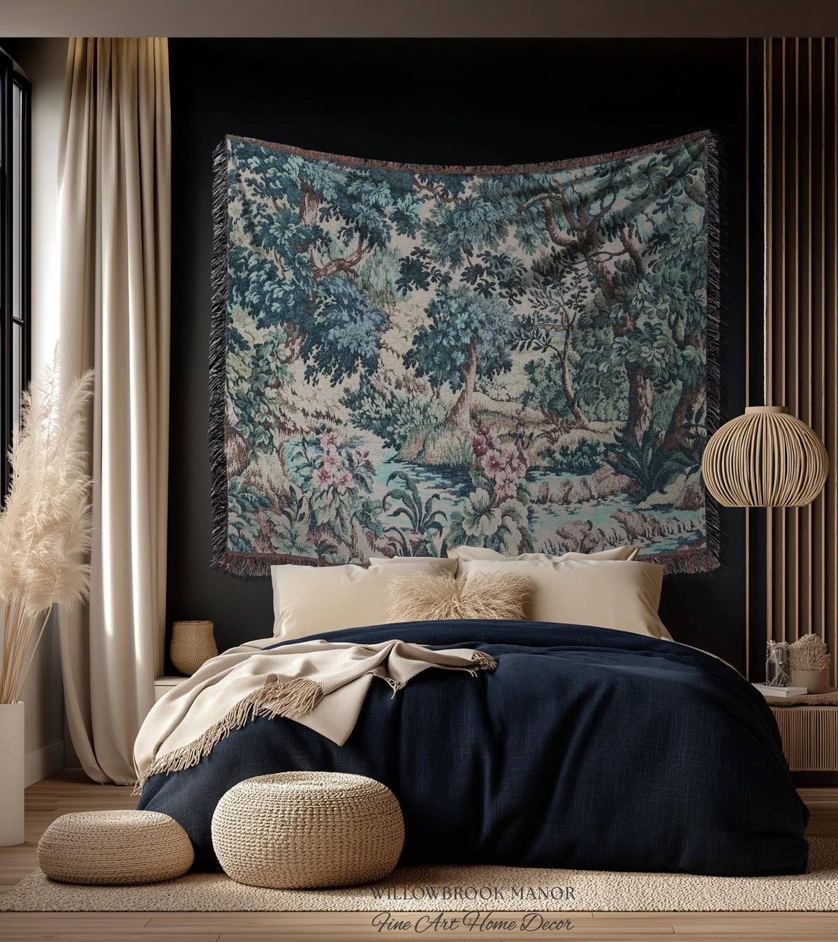 Teal Blue Babbling Brook Floral Verdure Tapestry | Historic Textile 18th Century Woven Artwork Baroque Forest River Throw Blanket Old World